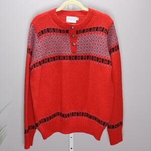 Vintage Pendleton‎ Wool Sweater Red Fair Isle Henley Made in USA L